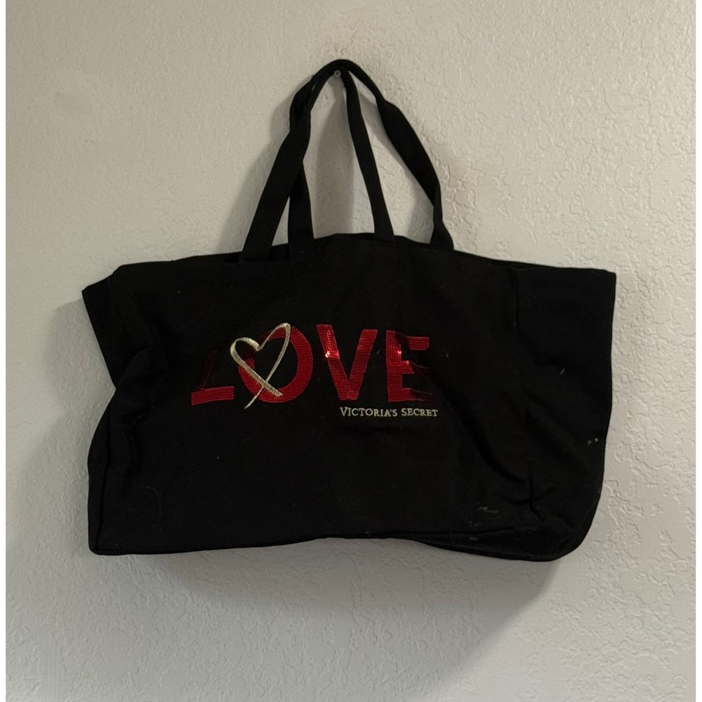 Victoria's Secret Love Sequin Canvas Tote Bag Black Red Gold Heart Large